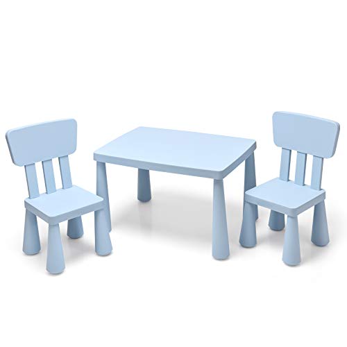 COSTWAY Grupo de Asientos Muebles para Niños Juego de 1 Mesa y 2 Sillas de Plástico para Cuarto de los Niños Sala de Estar (Azul)