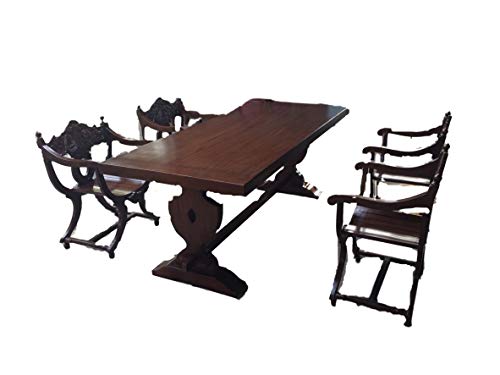 Juego de mesa de comedor con 6 sillas de tijera y 1 mesa de madera maciza de 220 cm, estilo barroco medieval