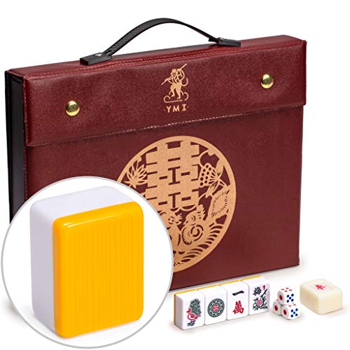 Yellow Mountain Imports Juego Profesional de Mahjong Chino - Doble Felicidad (Amarillo) - con 146 Fichas de Tamaño Medio, 3 Dados y un Indicador de Viento - para Jugar al Estilo Chino