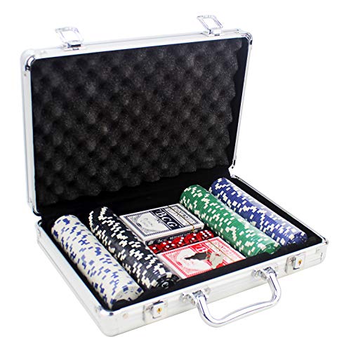 Set de Poker / Póquer, Texas Holdem, Blackjack Completo con Maletín de Aluminio, Juego de Fichas Plástico, Mini Casino Portátil, Accesorios de Baccarat, Juegos de Mesa y Entretenimiento (200 FICHAS)