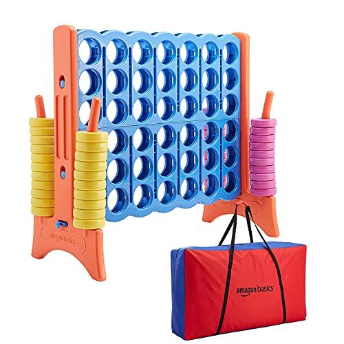 Amazon Basics - Set de juego gigante, 4 en raya, plástico prémium libre de BPA, con bolsa para transporte, azul y amarillo